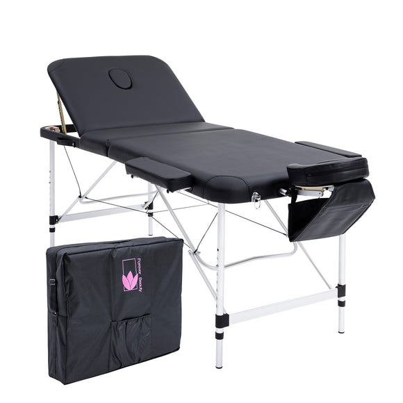 Black Portable Massage Table Bed 3 Fold 70cm Aluminium